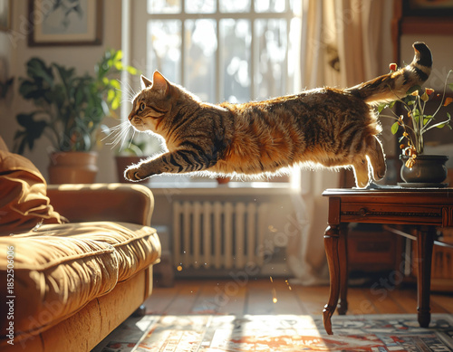 Playful Tabby Cat Jumping on Sofa in Sunlit Living Room for Cozy Home Moment Today