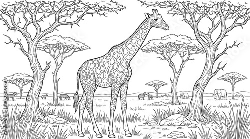 A black and white illustration of a giraffe standing in a savannah landscape with trees and grasses, viewed from the side against a plain background.