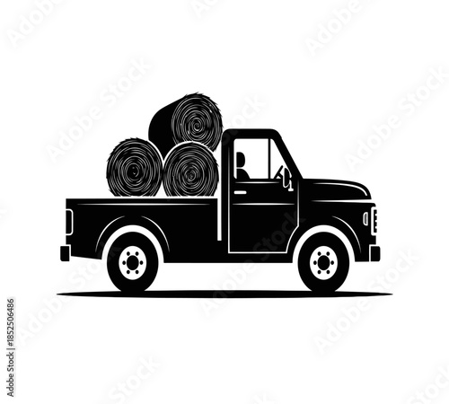 A black silhouette of a pickup truck carrying large hay bales in its open cargo bed
