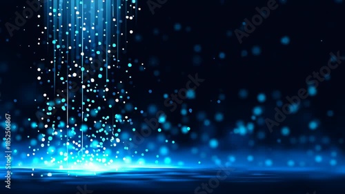 Magical blue glitter particles fall gracefully, creating mesmerizing effect of fairy dust against dark background, evoking wonder and enchantment in this captivating scene