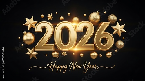 Golden 2026 New Year celebration with shiny ornaments and stars