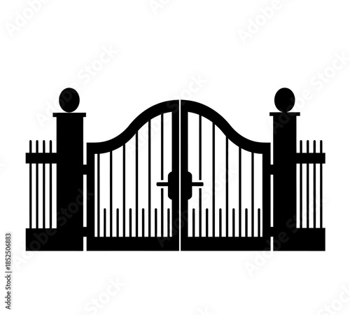 A striking black and white illustration depicts an ornate symmetrical wrought iron gate with pillars