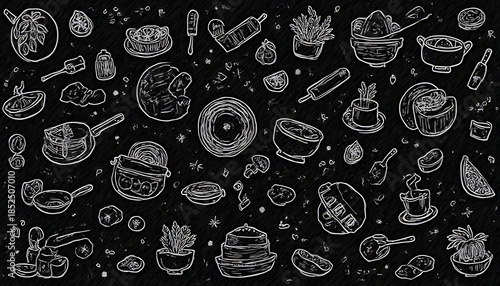 Hand-Drawn Cooking Utensil Pattern on Black Background