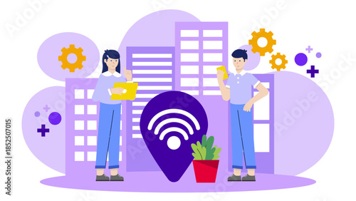 Smart City Installing Public Wi Fi Hotspots. Business Flat Vector Illustration