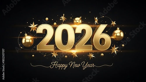 Golden 2026 Happy New Year celebration with shiny ornaments