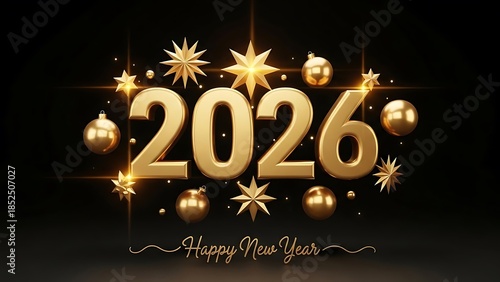 Golden 2026 Happy New Year celebration with shiny stars and ornaments