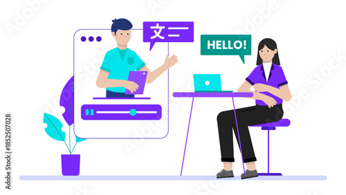 Online Language Exchange Between Partners. Business Flat Vector Illustration