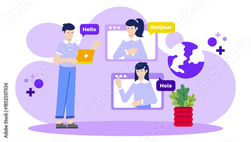 Online Language Exchange Between Partners. Business Flat Vector Illustration