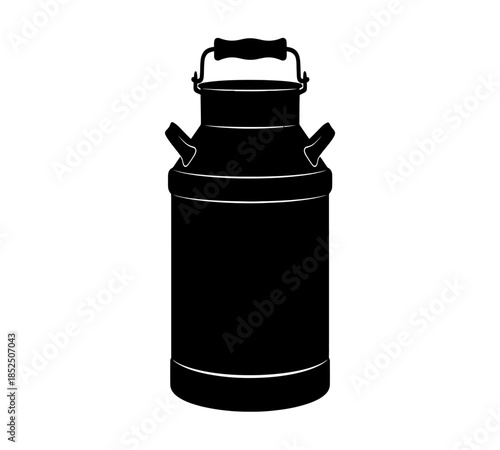 A simple silhouette of a traditional metal milk can with a sturdy handle and base isolated on white