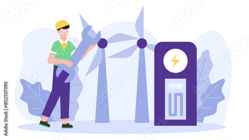 Green Tech Company Installing Wind Turbines. Business Flat Vector Illustration