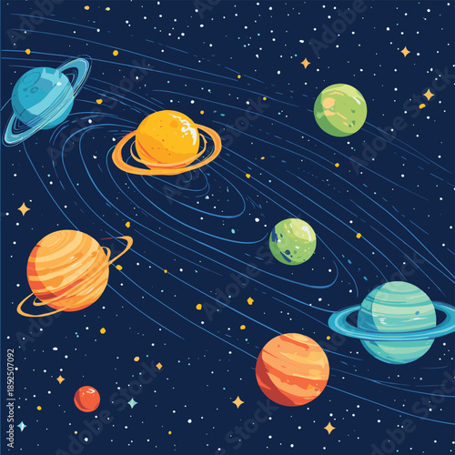 Colorful planets of the solar system in order with lines in space