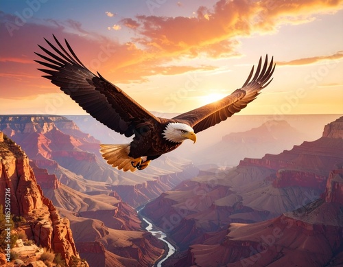 Majestic bald eagle soaring gracefully above a breathtaking vast canyon landscape during a vibrant golden sunset, symbolizing freedom and the wild beauty of nature