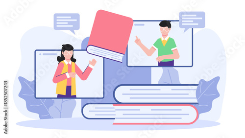 Virtual Book Club Meeting Online. Business Flat Vector Illustration