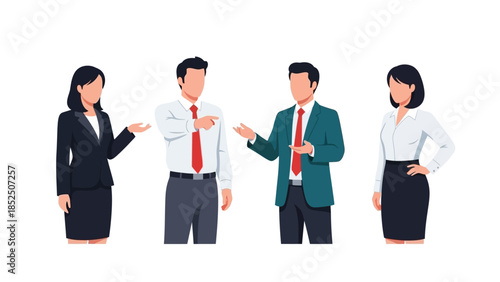 Diverse group of business professionals in formal attire engaging in conversation and collaboration