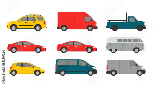 Collection of various vehicle types, including cars, vans, and trucks, depicted in a flat design style on a white background