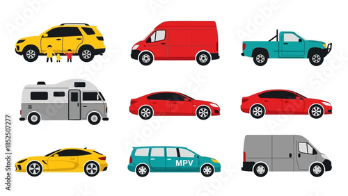 Collection of various types of automobiles and vehicles, including SUVs, vans, campers, and trucks for transport and travel purposes