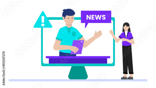 Digital Newsroom Reporting Breaking News. Business Flat Vector Illustration