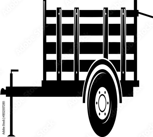 A simple black and white illustration depicts a farm trailer with a single axle and hitch