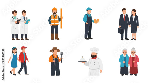 Collection of diverse professions and people in a flat design illustration