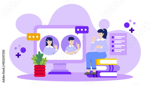 Virtual Book Club Meeting Online. Business Flat Vector Illustration