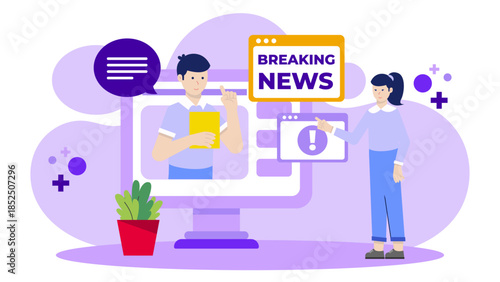 Digital Newsroom Reporting Breaking News. Business Flat Vector Illustration