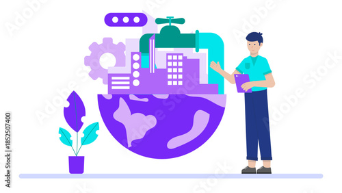 Sustainable Company Water Recycling Process. Business Flat Vector Illustration