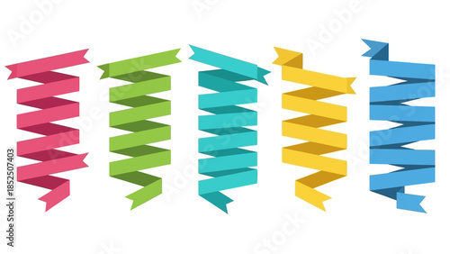 Set of five vibrant ribbon banners in pink, green, teal, yellow, and blue, perfect for invitations, announcements, and decorative elements