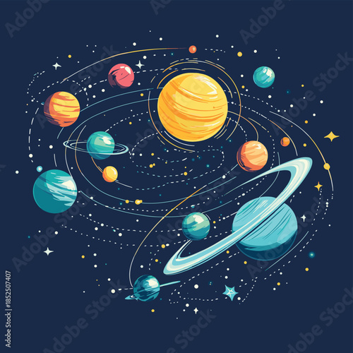 Colorful planets of the solar system in order with lines in space