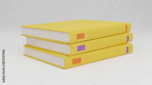 Stack of three yellow hardcover books with colorful spine labels, perfect for educational or literary themes