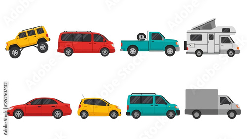 Diverse collection of vehicles including cars, trucks, and campers, illustrating various modes of transportation