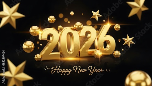 Golden 2026 Happy New Year celebration with stars and spheres