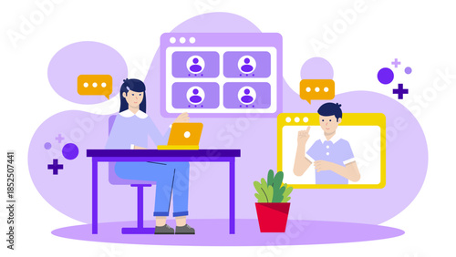 Online Support Group Meeting. Business Flat Vector Illustration