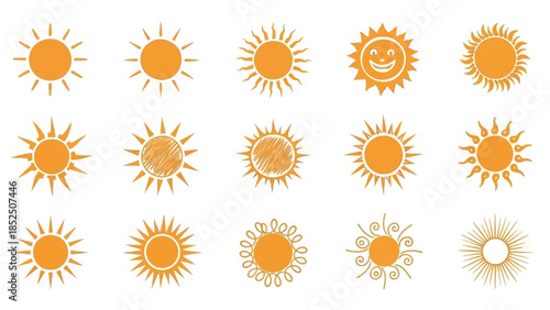 Collection of 15 Unique Sun Icons for Various Design Projects, Featuring Different Styles and Artistic Representations