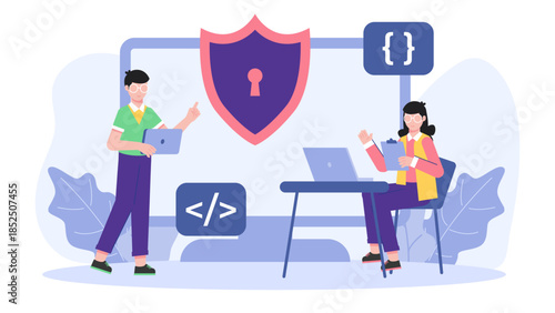 Digital Security Team Preventing Data Breach. Business Flat Vector Illustration