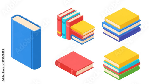 Collection of various books, stacked and standing upright, in isometric perspective illustration