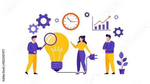 Business concept of innovation, creativity, teamwork, and strategic planning with lightbulb, gears, clock, and chart
