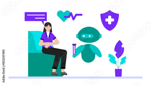 Smart Hospital Using Robot Assistants. Business Flat Vector Illustration