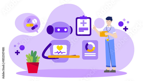 Smart Hospital Using Robot Assistants. Business Flat Vector Illustration