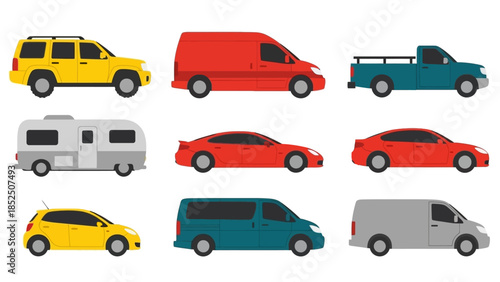 Collection of various modern vehicle types, including cars, vans, and a pickup truck, displayed on a white background