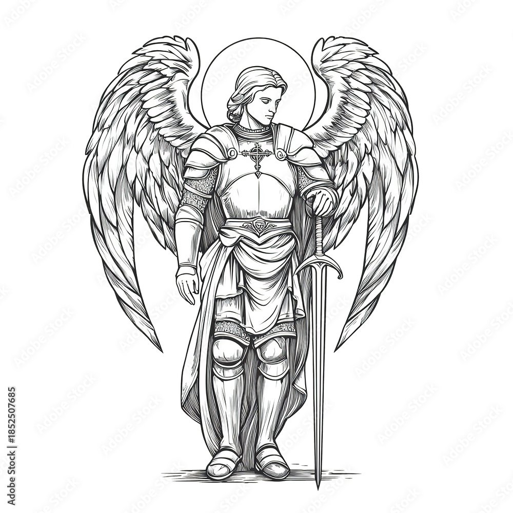 Obraz premium Ilustración estilo boceto de un ángel guerrero (Arcángel Miguel) con alas, armadura y espada sagradas. Diseño para tatuaje.