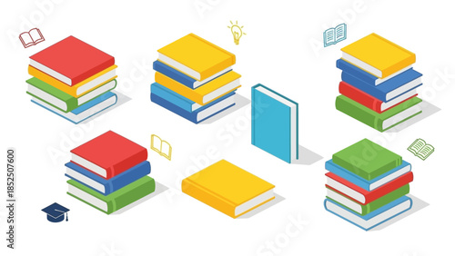 Illustration of colorful stacks of books and academic symbols, representing education, learning, and knowledge
