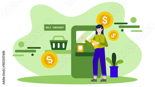 Smart Retail Store Using Automated Checkout. Business Flat Vector Illustration
