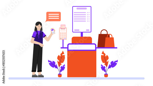 Smart Retail Store Using Automated Checkout. Business Flat Vector Illustration