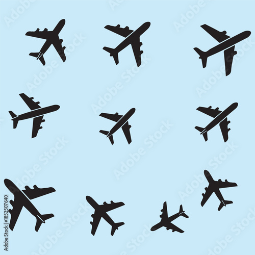 Black airplane icon collection. Set of black plane silhouette icon