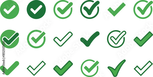 Green collection of check mark. Tick vector icon, accept the right choice. Approval checkmark, good solution.