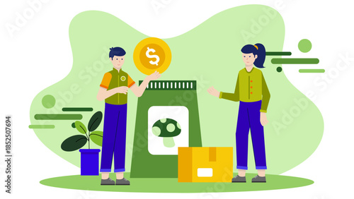 Green Startup Creating Packaging from Mushrooms. Business Flat Vector Illustration