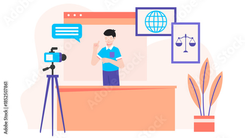 Digital Court Reporter Transcribing Proceedings. Business Flat Vector Illustration