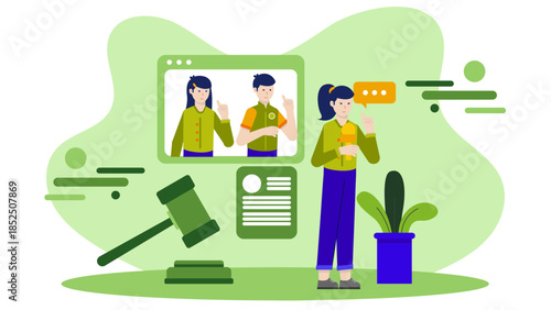 Digital Court Reporter Transcribing Proceedings. Business Flat Vector Illustration