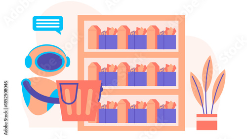 Smart Grocery Store with Inventory Robots. Business Flat Vector Illustration