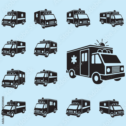 Technical vector set of passenger, leisure, and utility vehicles (bus, RV, ambulance, box truck) in side, plan, front, and rear views.